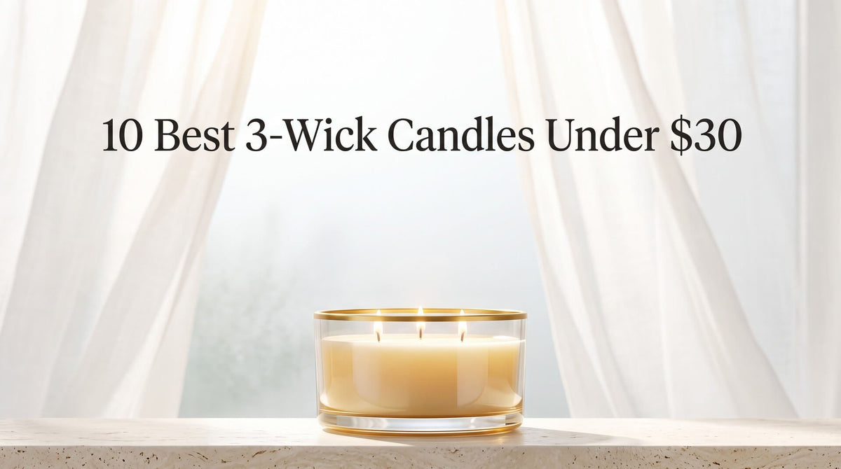 A lit three-wick candle in a clear glass jar with a gold rim sitting on a marble surface in front of sheer white curtains.