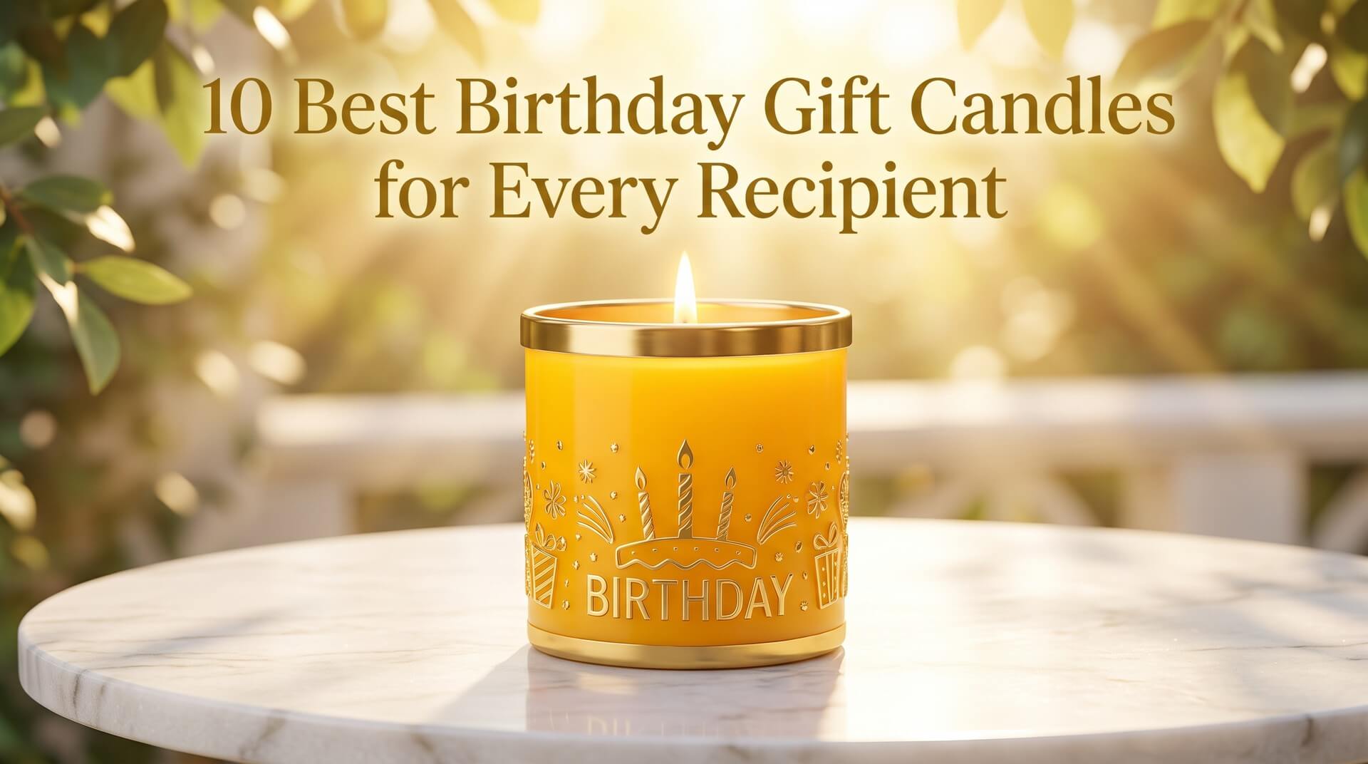A lit bright yellow candle featuring embossed gold birthday illustrations and text on a marble tabletop outdoors.