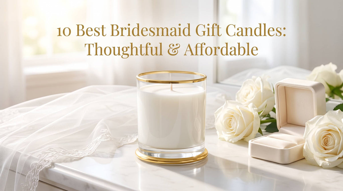 A bright product setup of a white candle in a clear glass jar with a gold top and bottom rim, surrounded by white roses, a white lace veil, and an open beige ring box on a white marble surface.