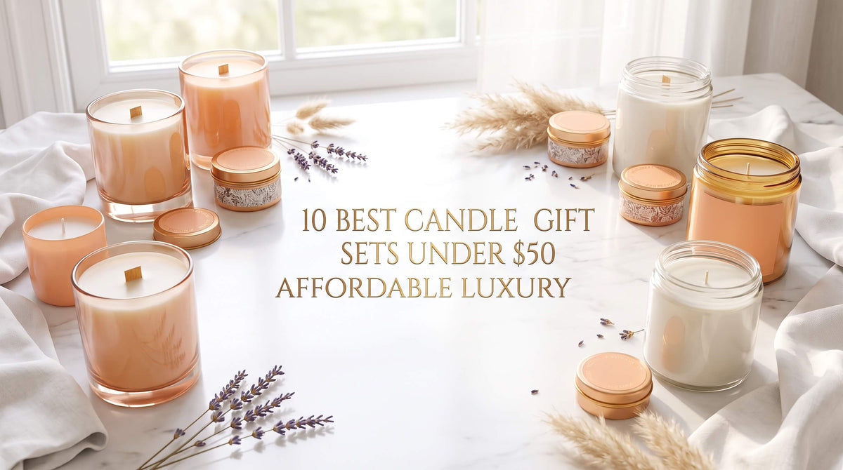 A realistic composition featuring an array of scented candles in peach-toned glass jars, small metallic tins, and clear glass jars arranged on a white marble surface with dried lavender and pampas grass accents.