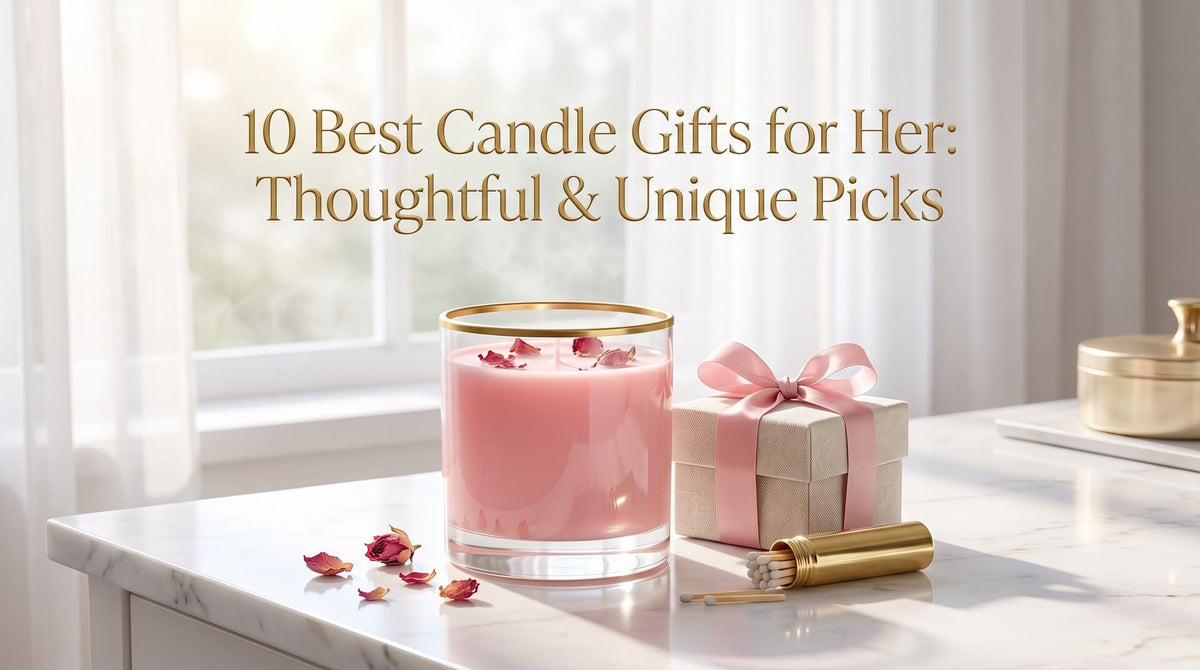 A pink scented candle in a gold-rimmed glass jar sits next to a small gift box tied with a pink ribbon, dried rose petals, and a glass bottle of matches on a marble surface.