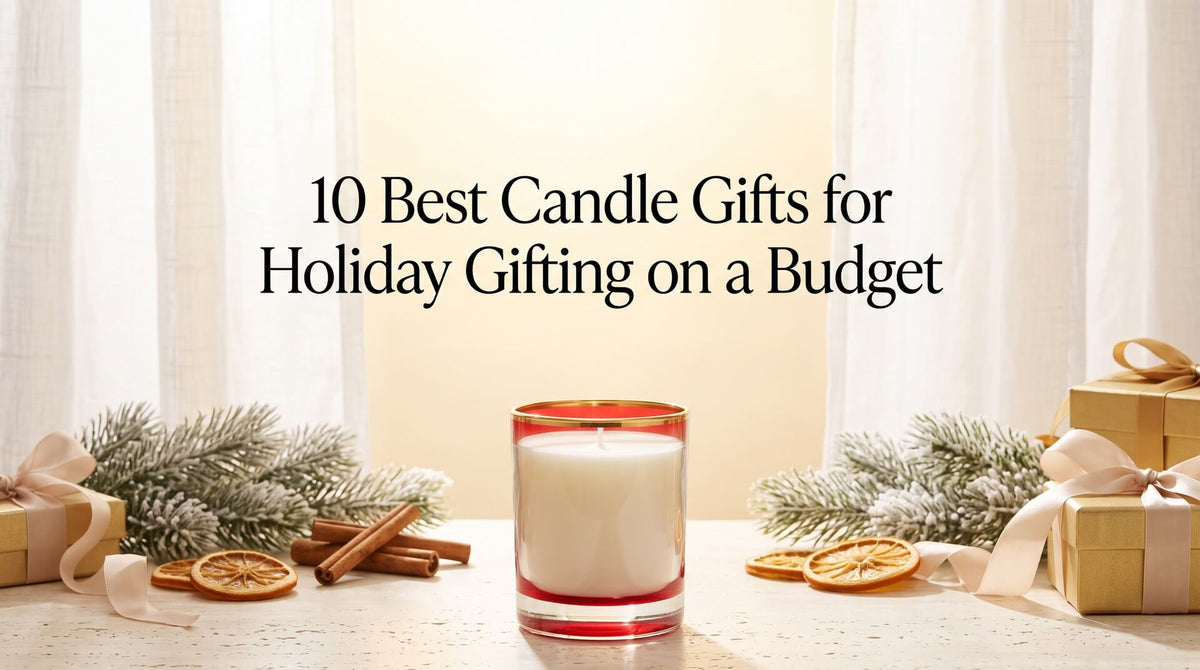 A white candle in a red glass jar with a gold rim displayed alongside wrapped gold gift boxes, dried orange slices, cinnamon sticks, and frosted pine branches.