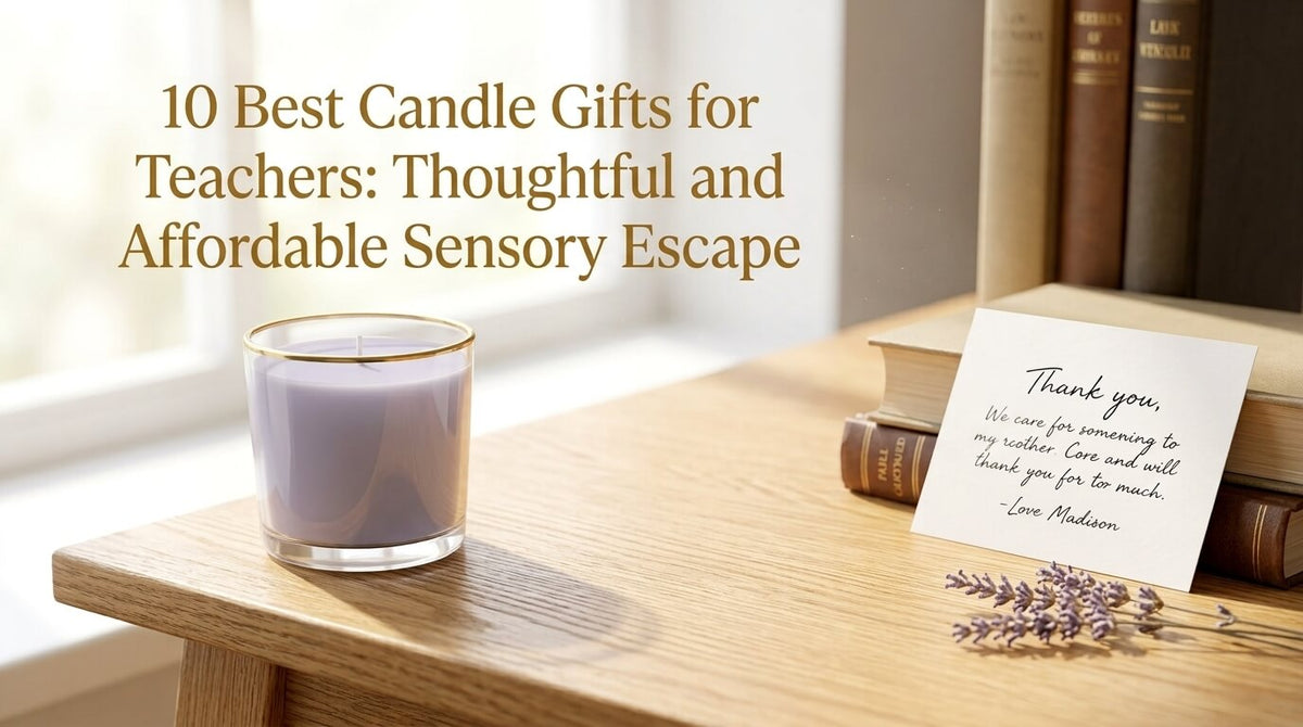 A cozy tabletop scene displaying a light purple candle in a gold-rimmed glass jar sitting next to a handwritten thank-you card, dried lavender stems, and stacked books on a wooden desk near a window.