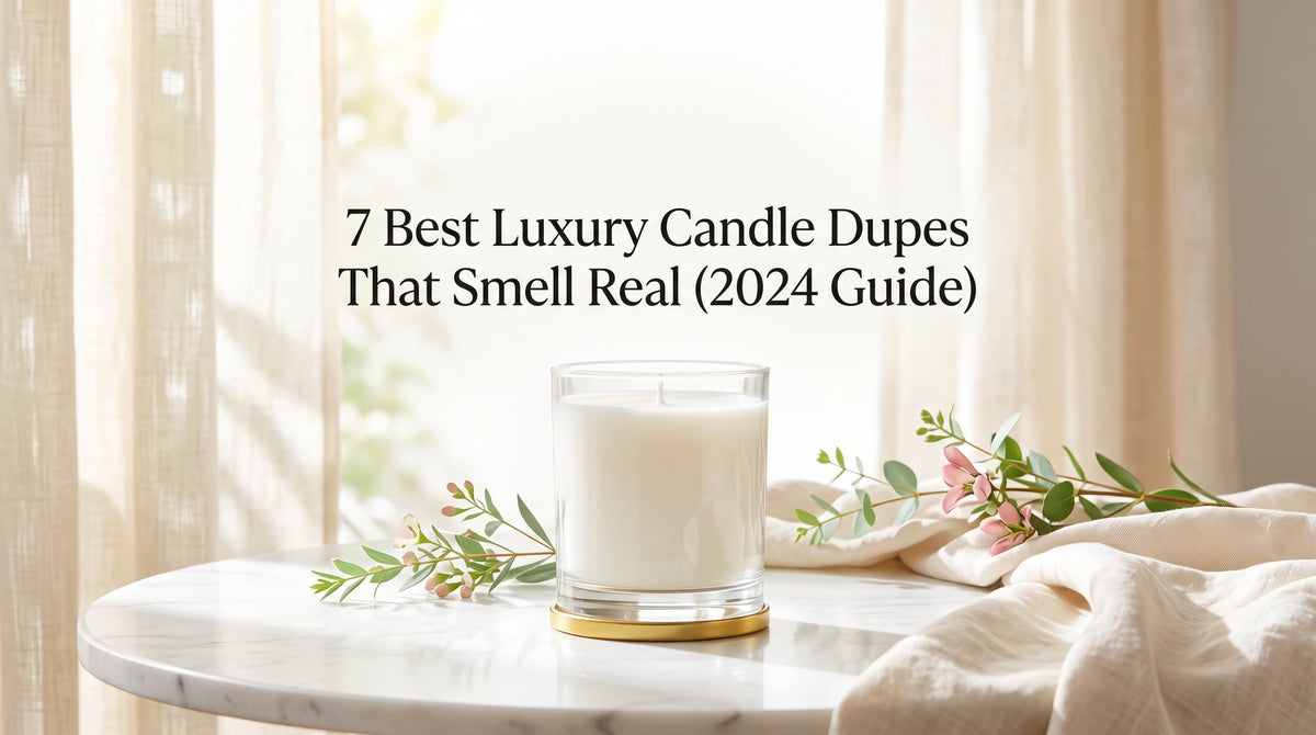 A white candle in a clear glass container sitting on a gold coaster on a marble table with folded linen fabric and pink flower sprigs nearby.