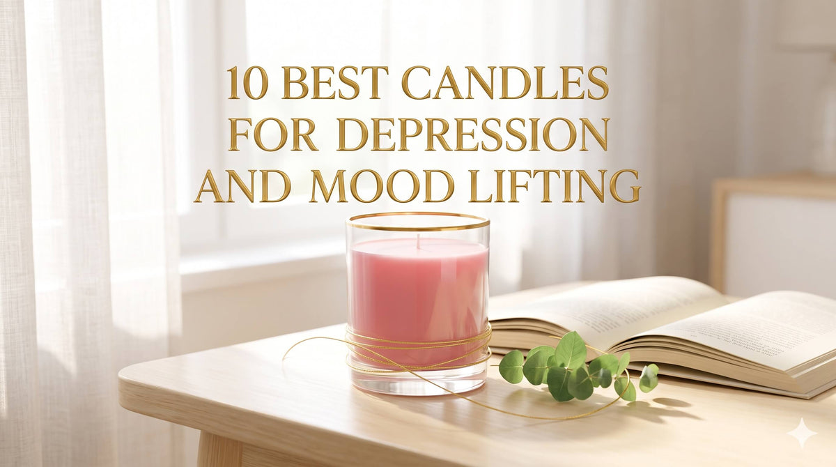 A pink candle in a glass jar wrapped with thin gold cord sitting on a light wood desk near an open book and eucalyptus leaves.