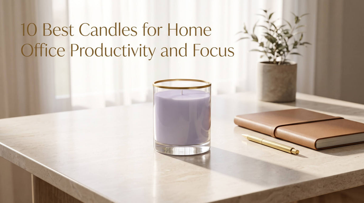 A purple candle in a gold-rimmed glass vessel placed on a neutral desk next to a leather journal, gold pen, and potted plant.