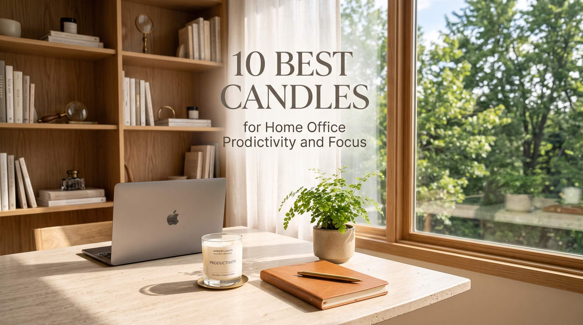 A small white candle labeled "PRODUCTIVITY" sitting on a desk next to a open laptop, leather notebook, pen, potted plant, and wooden bookshelves.