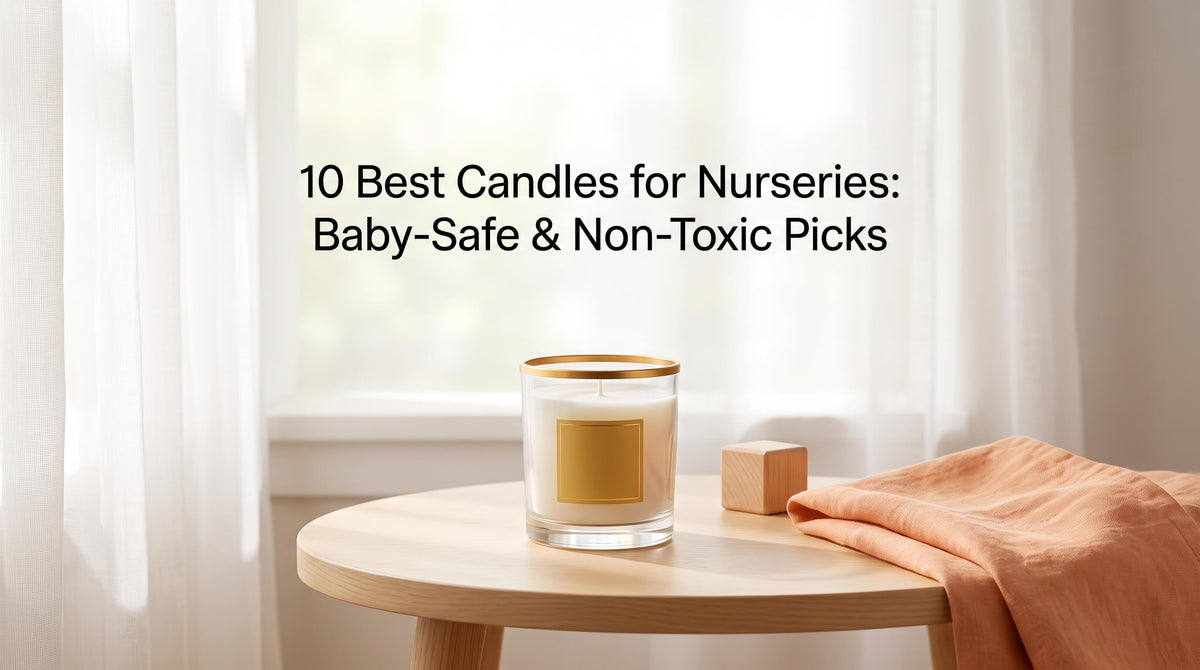 A soft nursery scene with a white candle in a clear glass jar featuring a gold rim and gold rectangular label, sitting on a round wooden side table next to a peach-colored cloth and a wooden toy block in front of sheer white curtains.