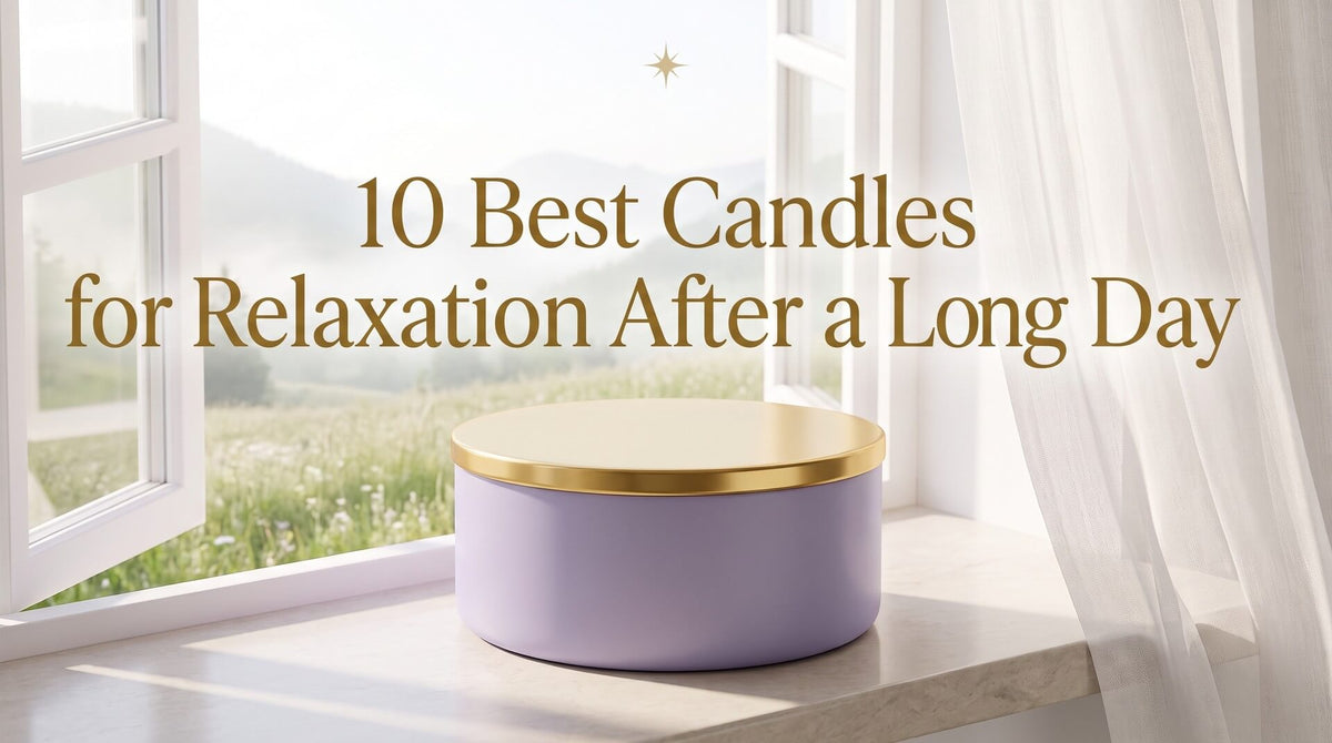 A round, light purple candle container with a polished gold lid sitting on a windowsill overlooking a green field.