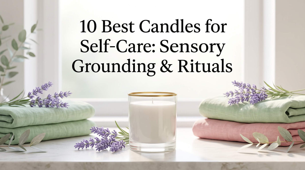 A white candle in a gold-rimmed glass jar on a marble ledge framed by folded soft green and pink towels, lavender sprigs, and eucalyptus leaves.