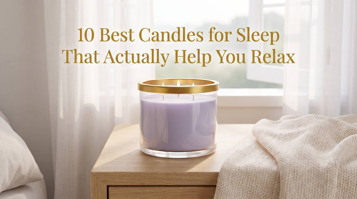 A purple three-wick candle in a gold-rimmed glass jar sitting on a light wood nightstand beside a beige woven blanket and white bedding.