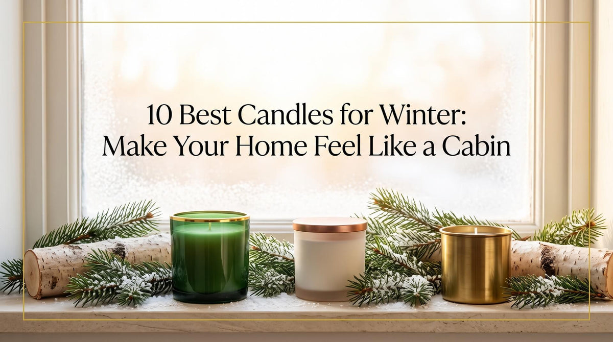Three candles in green glass, frosted white, and brass containers placed along a snowy windowsill framed with evergreen branches and birch logs.