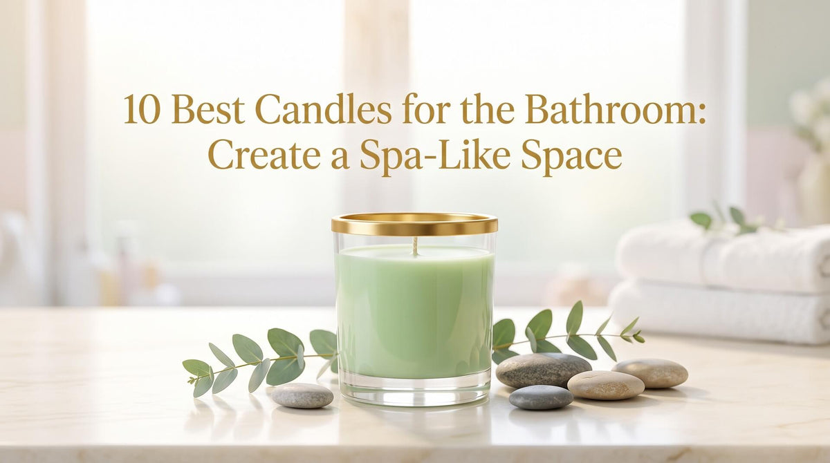 A soft green candle in a gold-rimmed glass jar placed on a marble surface alongside smooth river stones and fresh eucalyptus leaves.