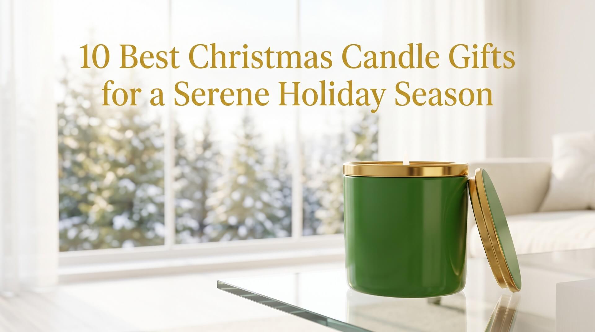 A forest green candle jar with a gold lid resting on a glass coffee table in front of a window showing a snowy tree landscape.
