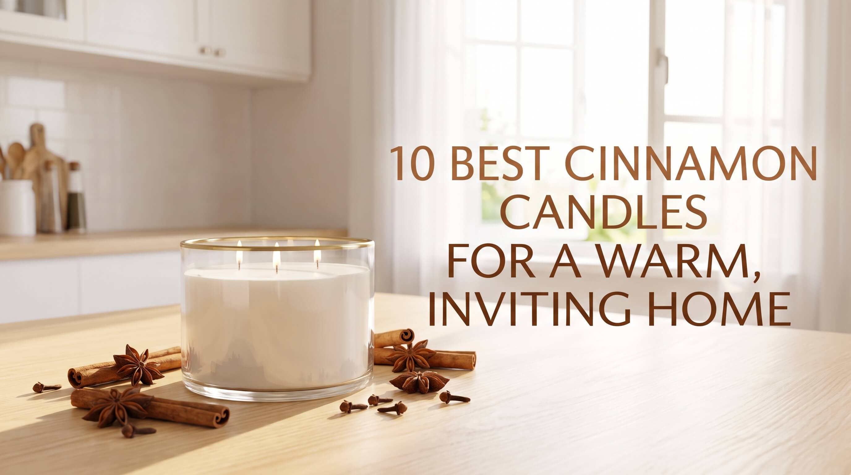 A white three-wick candle in a gold-rimmed glass jar on a light wooden table surrounded by cinnamon sticks, star anise, and whole cloves.