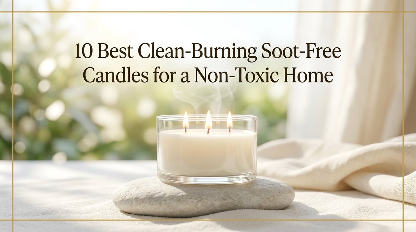 A three-wick white glass candle burning brightly on a flat stone, set against a warm, sunlit background with soft draped fabric and elegant overlay text.