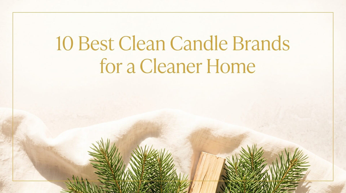 Evergreen pine branches and a block of wood laid across a textured cream fabric background with a soft gold border.