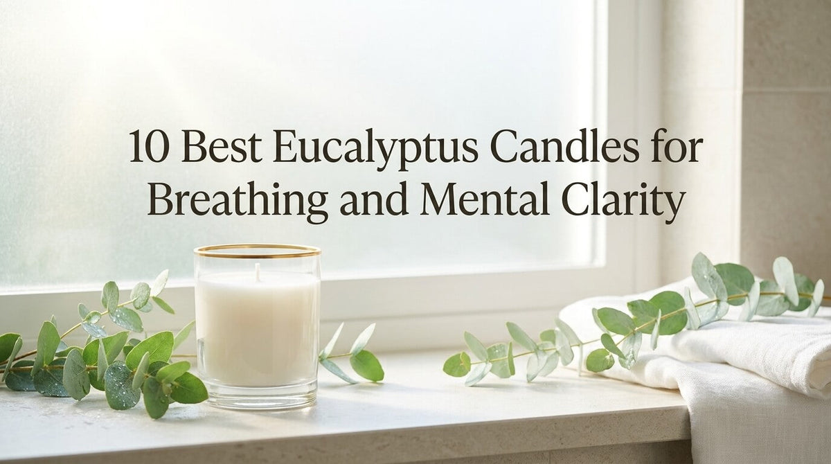 A white single-wick candle in a gold-rimmed glass jar placed on a windowsill next to fresh eucalyptus branches and a rolled white towel.