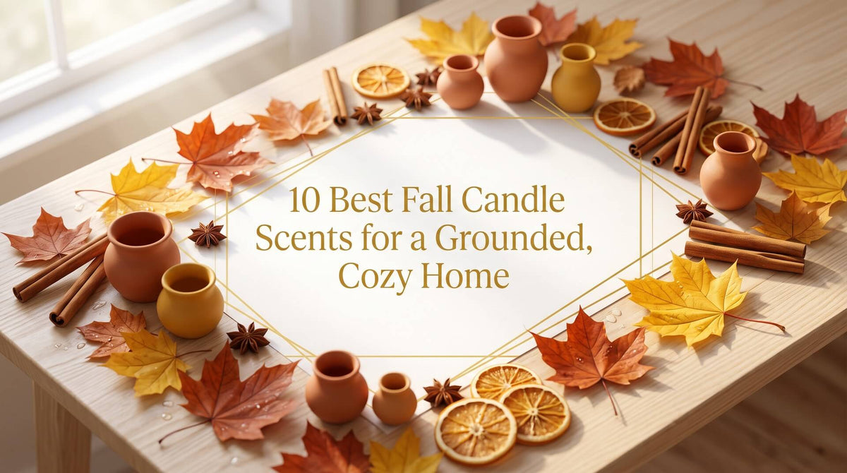 A warm, autumn-themed flat lay featuring vibrant maple leaves, cinnamon sticks, dried citrus slices, star anise, and miniature terracotta pots framing a central title card.
