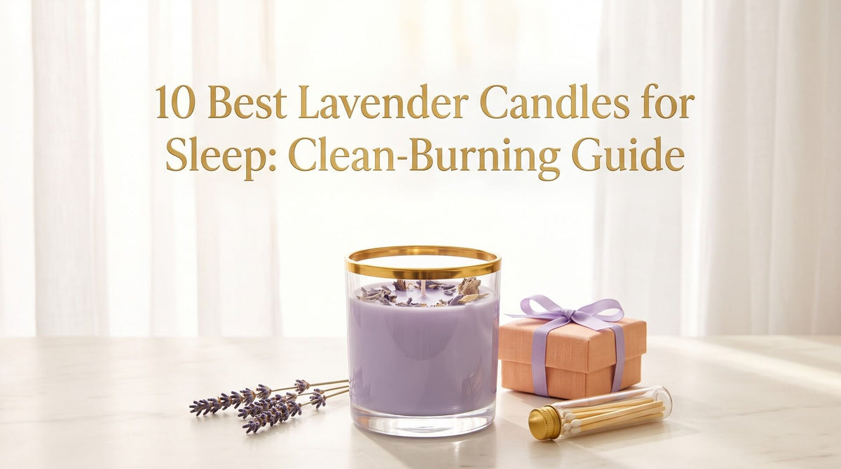 A purple candle topped with dried lavender buds in a gold-rimmed glass jar alongside a gift box tied with a purple ribbon, a vial of matches, and fresh lavender sprigs.