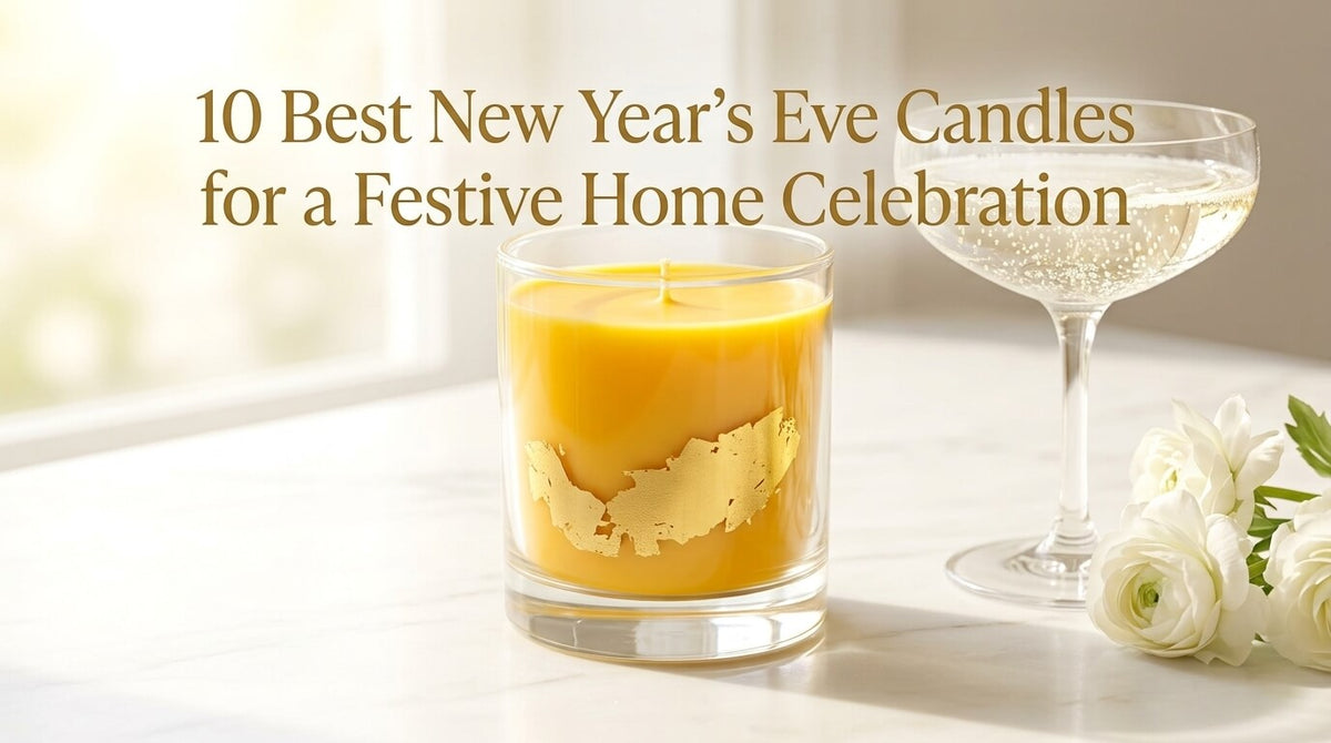 A festive scene showcasing a yellow candle in a clear glass jar decorated with gold leaf foil, set on a white marble counter next to a glass of champagne and white flowers.