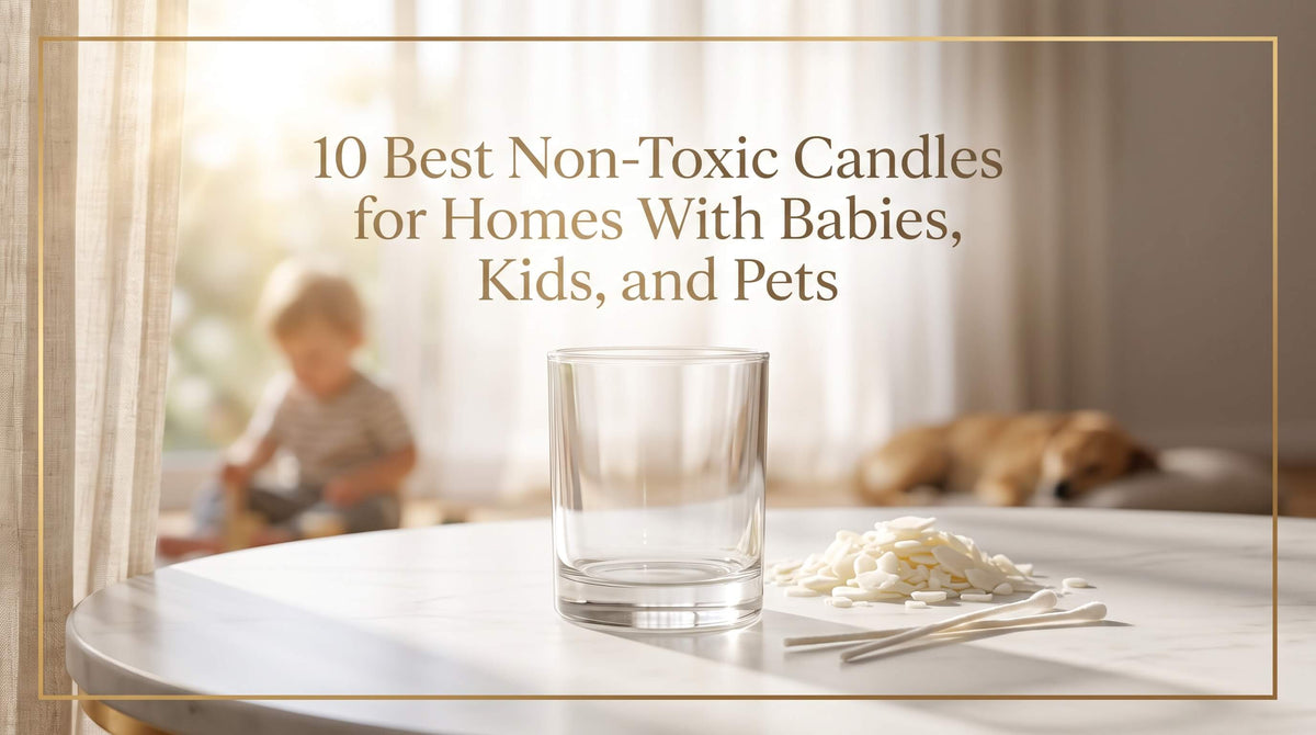An empty clear glass candle jar on a marble surface next to a pile of soy wax flakes and cotton wicks, with a toddler and a sleeping dog blurred in the background.