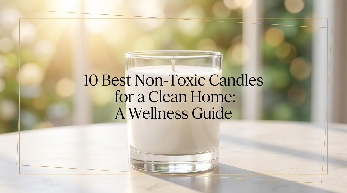 A minimalist white wax candle in a clear glass jar sitting on a marble table, framed by warm, sunlit bokeh light, overlaid with black headline text reading "10 Best Non-Toxic Candles for a Clean Home: A Wellness Guide."