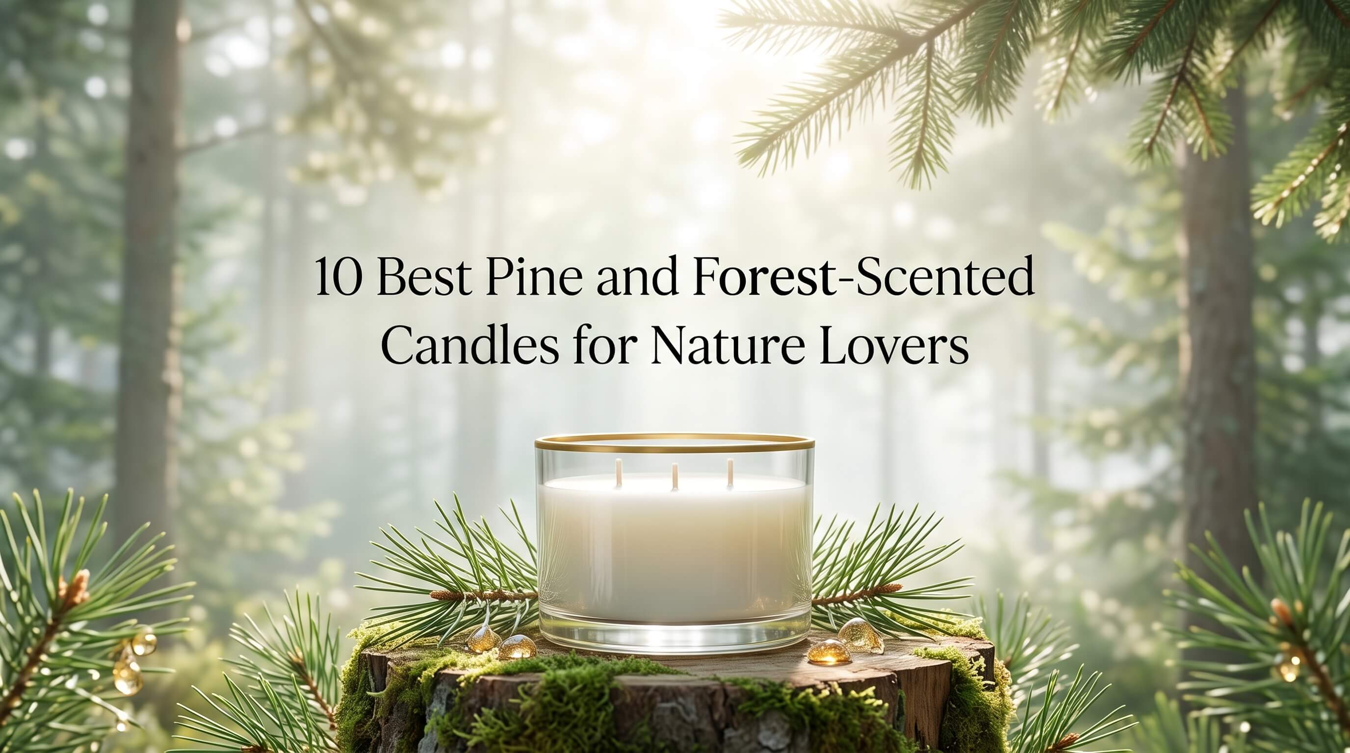 A white three-wick candle in a gold-rimmed glass jar positioned on a mossy tree stump outdoors, framed by pine branches and small pinecones.