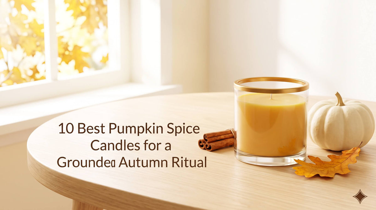An autumn-themed product display showing a warm yellow candle in a gold-rimmed glass jar placed on a wooden table alongside cinnamon sticks, a small white decorative pumpkin, and a yellow fall leaf near a window with autumn trees outside.