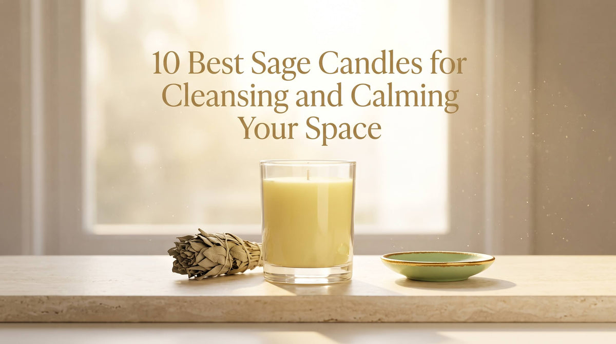 A minimalist setup with a pale yellow candle in a clear glass jar, a bundled sage smudge stick, and a small green ceramic dish resting on a light stone ledge in front of a soft, sunlit window.