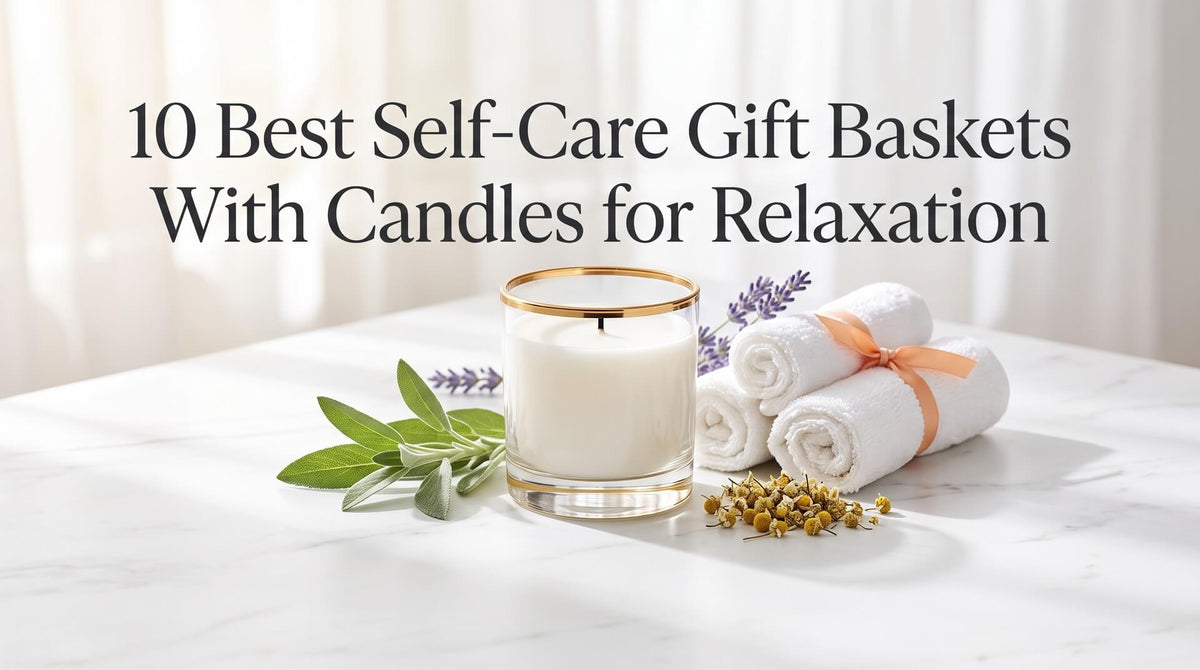 A white glass candle with a gold rim placed next to rolled white hand towels tied with a peach ribbon, lavender, sage, and dried chamomile flowers on a marble surface.
