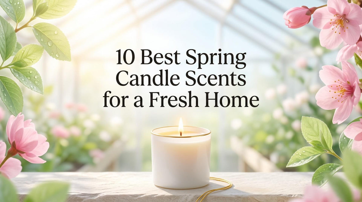 A lit white candle in a gold-rimmed jar framed by vibrant green leaves and blooming pink cherry blossoms against a sunlit greenhouse background.