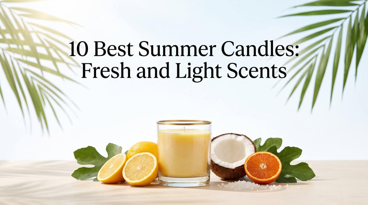 A yellow candle in a glass jar surrounded by sliced lemons, half a coconut, blood orange slices, and palm leaf shadows.