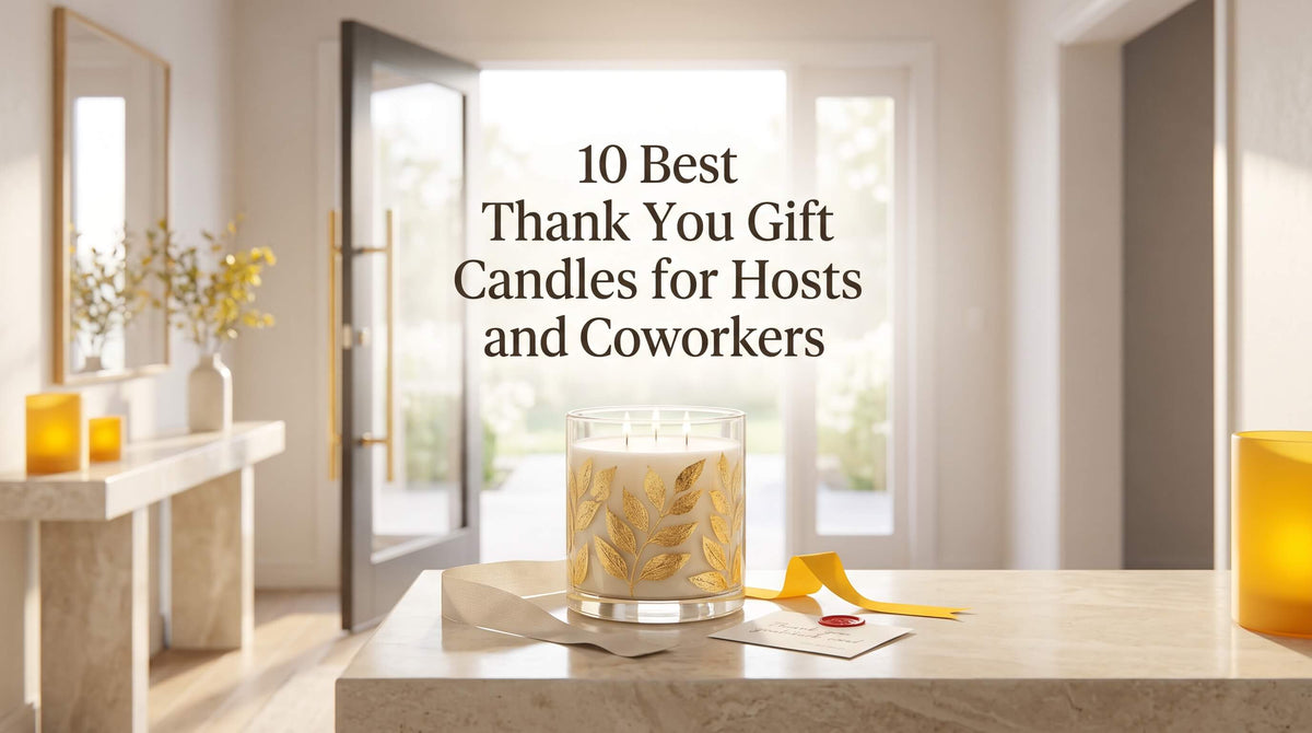 A white three-wick candle adorned with a gold leaf pattern sitting on a marble table with a white ribbon and a handwritten thank-you card.
