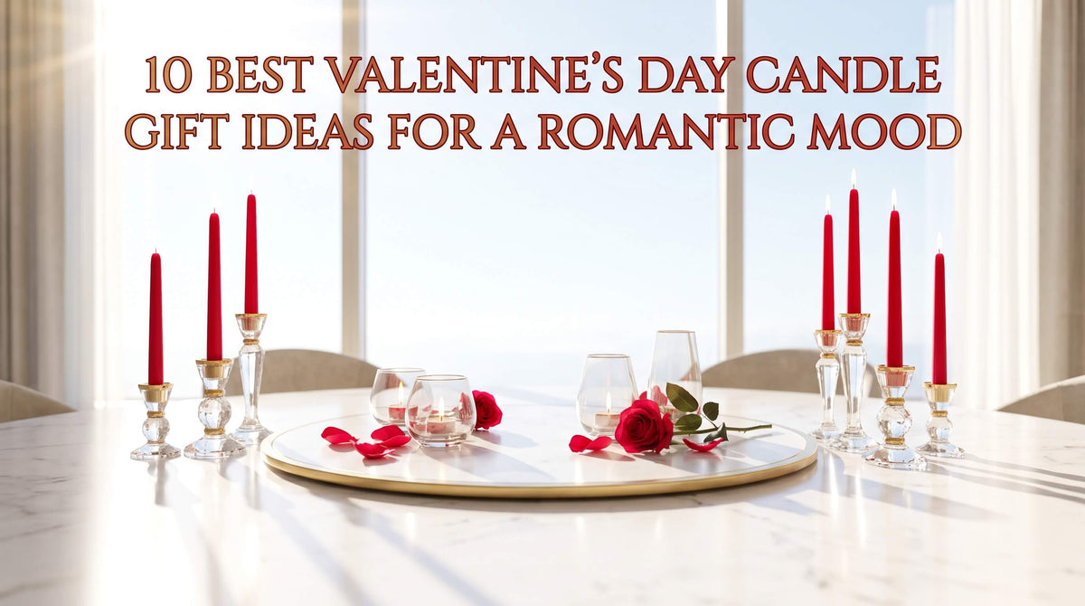 A romantic table setting featuring tall red taper candles in clear glass holders, votive candles, scattered red rose petals, and a single red rose on a white marble table in front of bright windows.