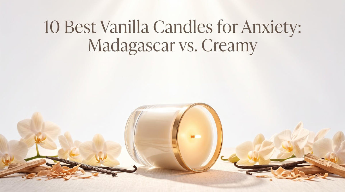 A lit vanilla candle with a gold rim lies on its side on a white surface surrounded by vanilla beans, wood chips, and white orchids.