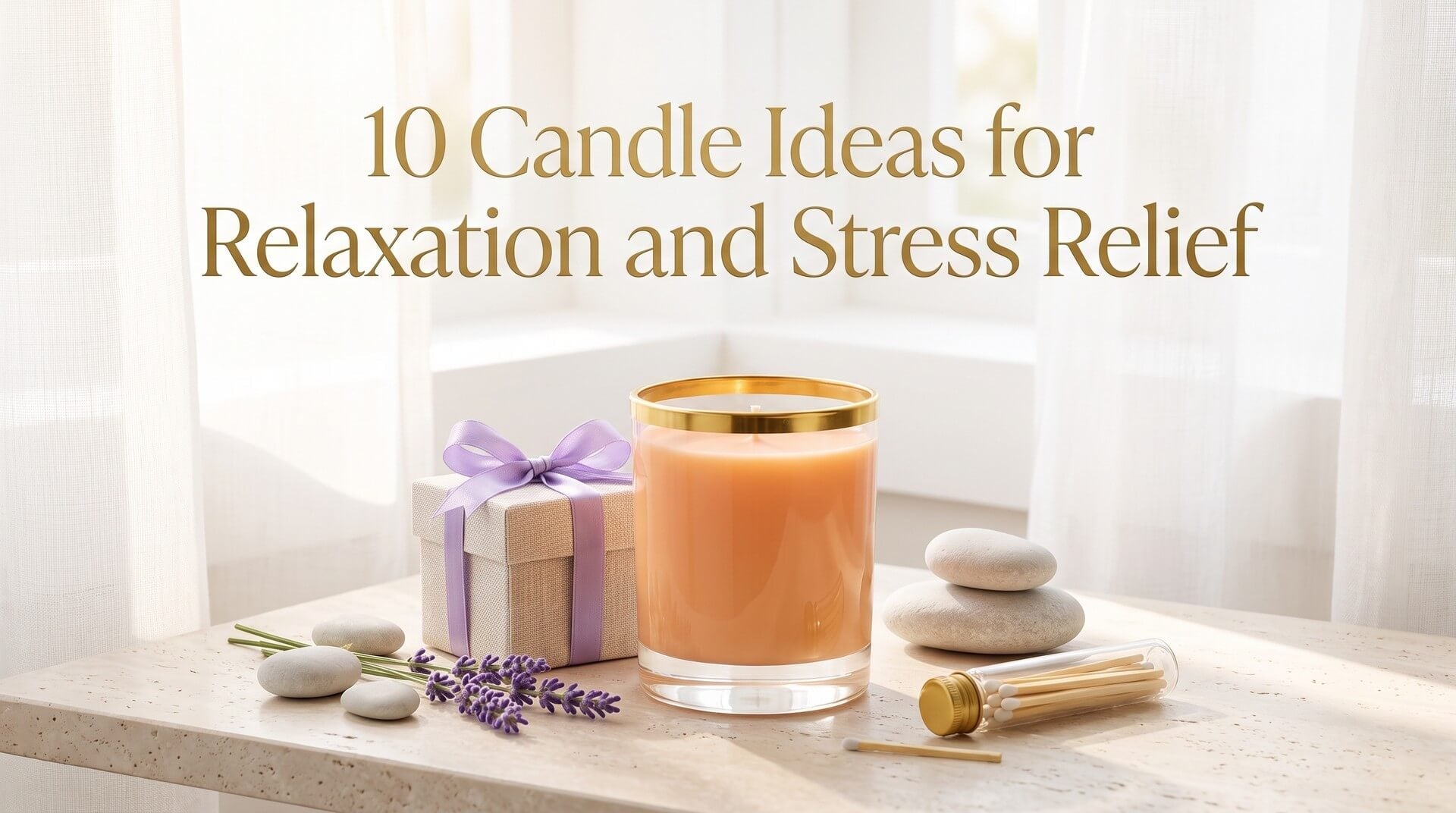 A peach-colored candle in a gold-rimmed glass jar on a marble table with stacked spa stones, a purple-ribboned gift box, a vial of matches, and lavender sprigs.