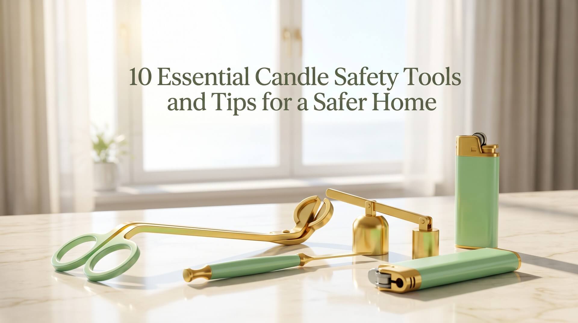 A collection of gold and mint green candle care tools, including a wick trimmer, snuffer, and electronic lighter, laid out on a table.