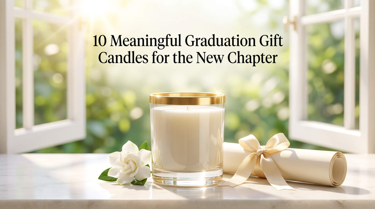 A bright graduation-themed display showing a white candle in a clear glass jar with a gold rim, placed next to a white gardenia flower and a diploma tied with a cream ribbon on a windowsill.