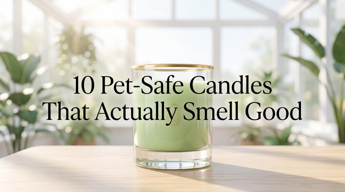 A light green candle in a clear glass jar with a gold rim centered on a light wood table inside a bright greenhouse.