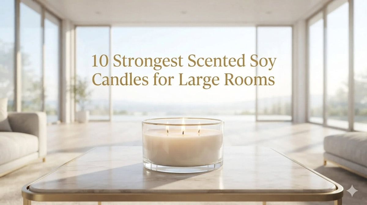 A white three-wick candle in a clear glass dish resting on a gold-framed marble coffee table in a spacious, modern living room.