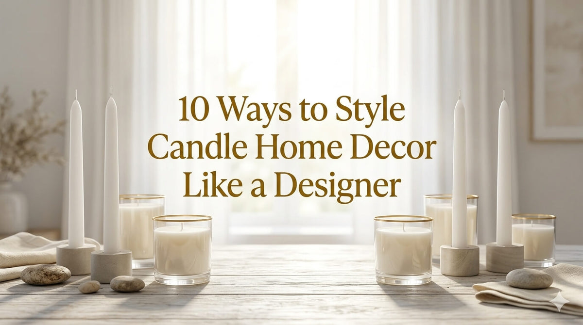 An arrangement of tall white taper candles in concrete holders alongside glass-encased jar candles and smooth river stones on a wooden table.