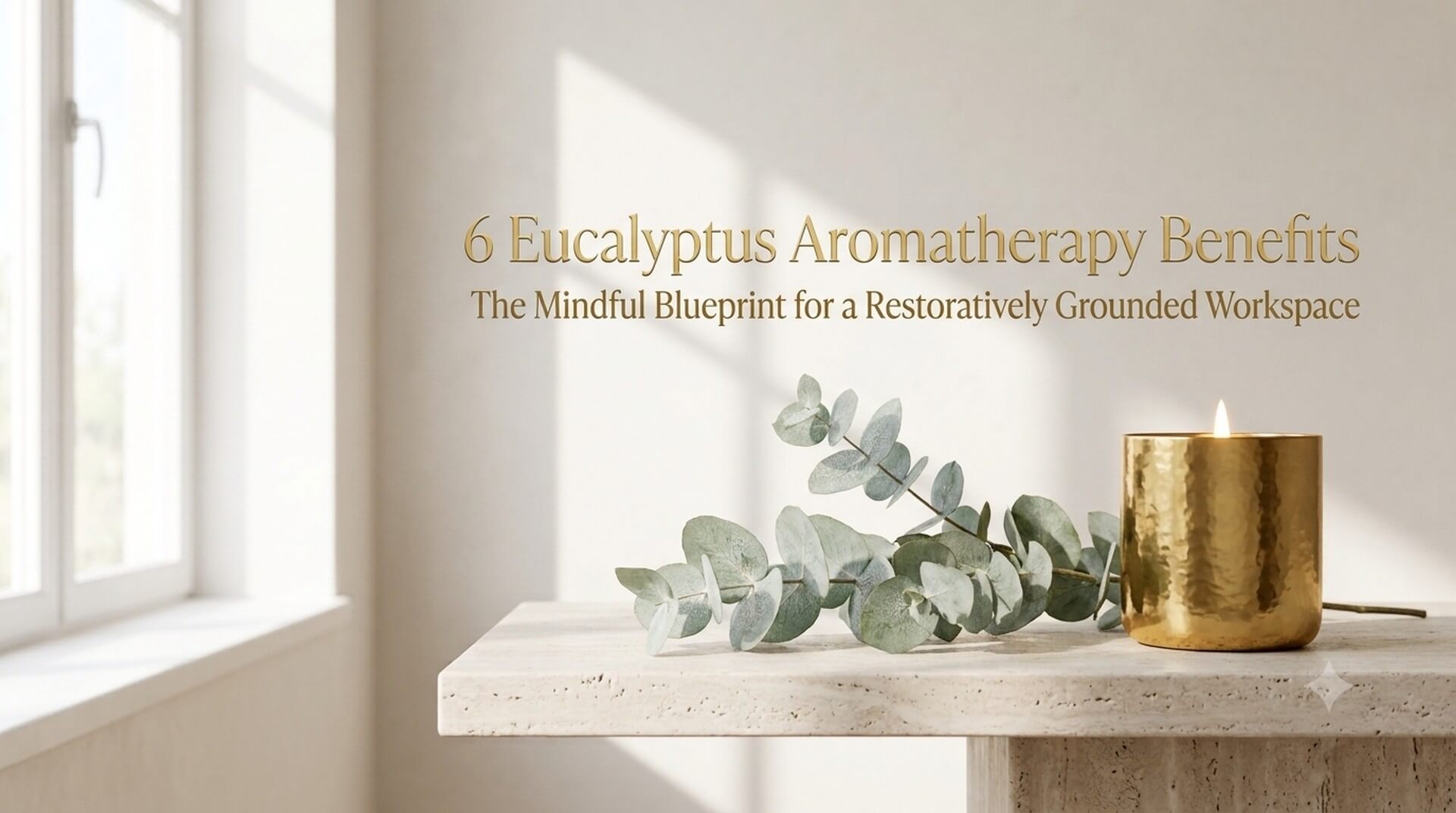 A gold aromatherapy candle paired with eucalyptus sprigs, titled '6 Eucalyptus Aromatherapy Benefits: The Mindful Blueprint for a Restoratively Grounded Workspace'.
