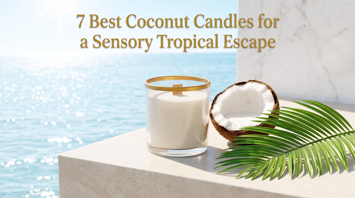 A realistic product photo of a white candle in a clear glass jar with a gold rim and wooden wick, set on a marble ledge next to a fresh open coconut and a green palm leaf, with a bright sunlit ocean shining in the background.
