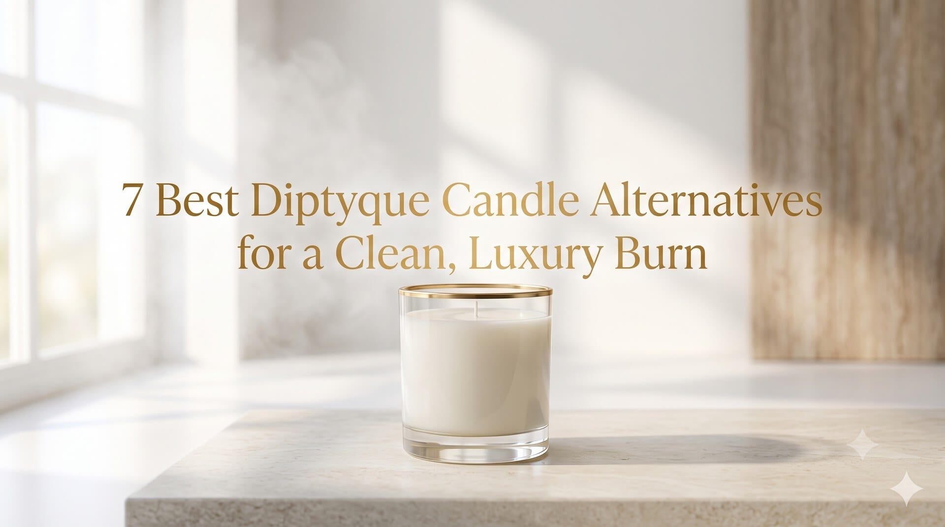 A clean white candle in a clear glass jar with a gold rim resting on a marble surface in a bright minimalist room, featuring the text "7 Best Diptyque Candle Alternatives for a Clean, Luxury Burn".