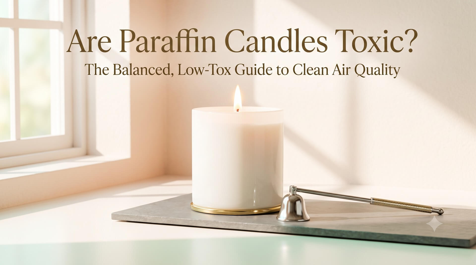 A sunlit, minimalist image of a white candle on a slate tray next to a metal snuffer, titled "Are Paraffin Candles Toxic? The Balanced, Low-Tox Guide to Clean Air Quality".