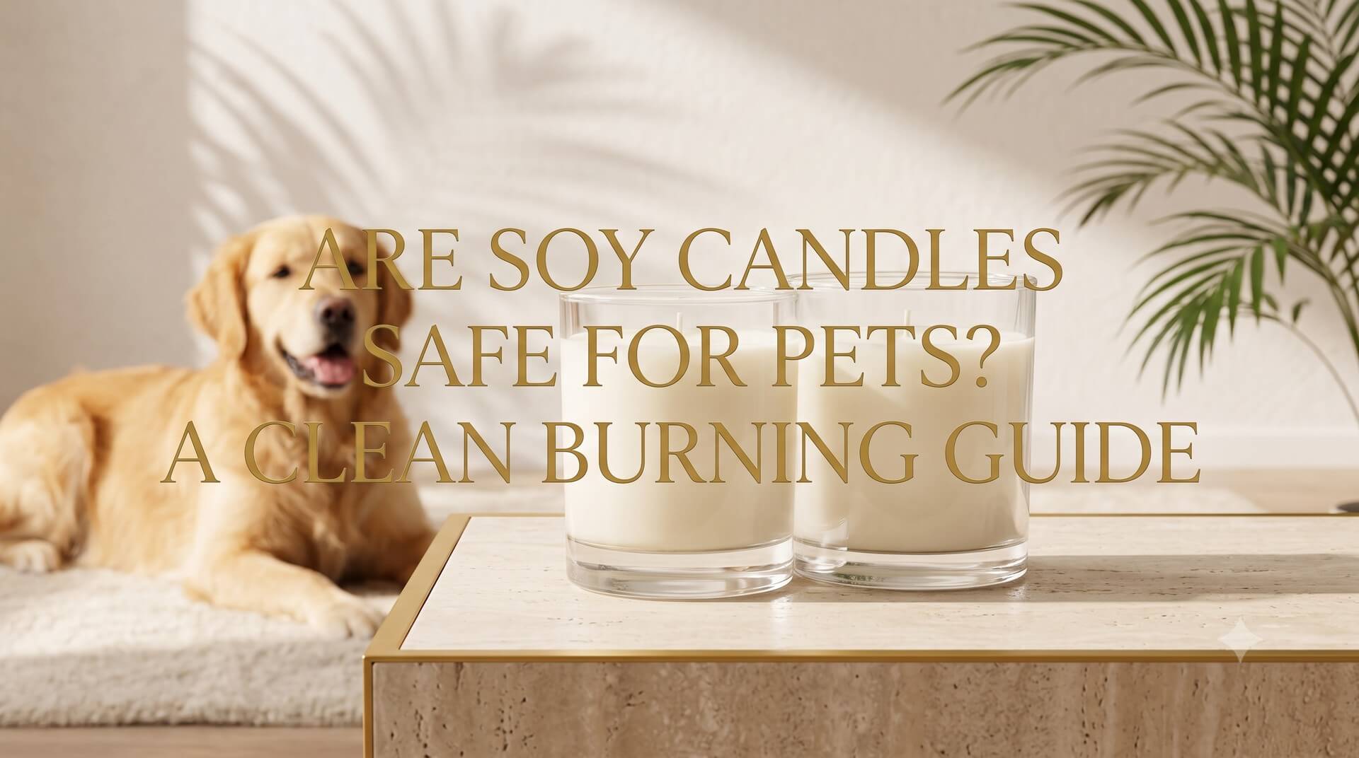 Golden Retriever relaxing near two glass soy candles, illustrating the topic: 'Are Soy Candles Safe for Pets? A Clean Burning Guide'.