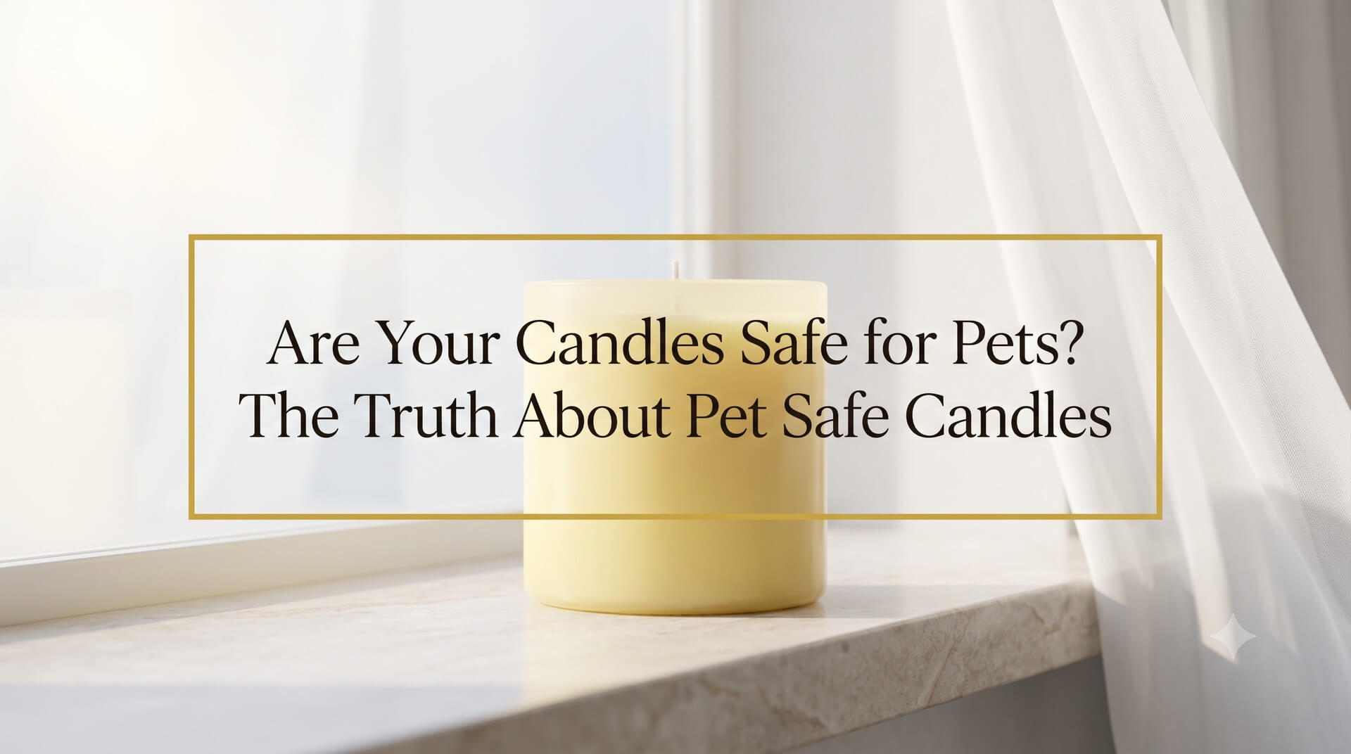 Yellow unscented candle on a windowsill with sheer curtains. Title overlay: "Are Your Candles Safe for Pets? The Truth About Pet Safe Candles."