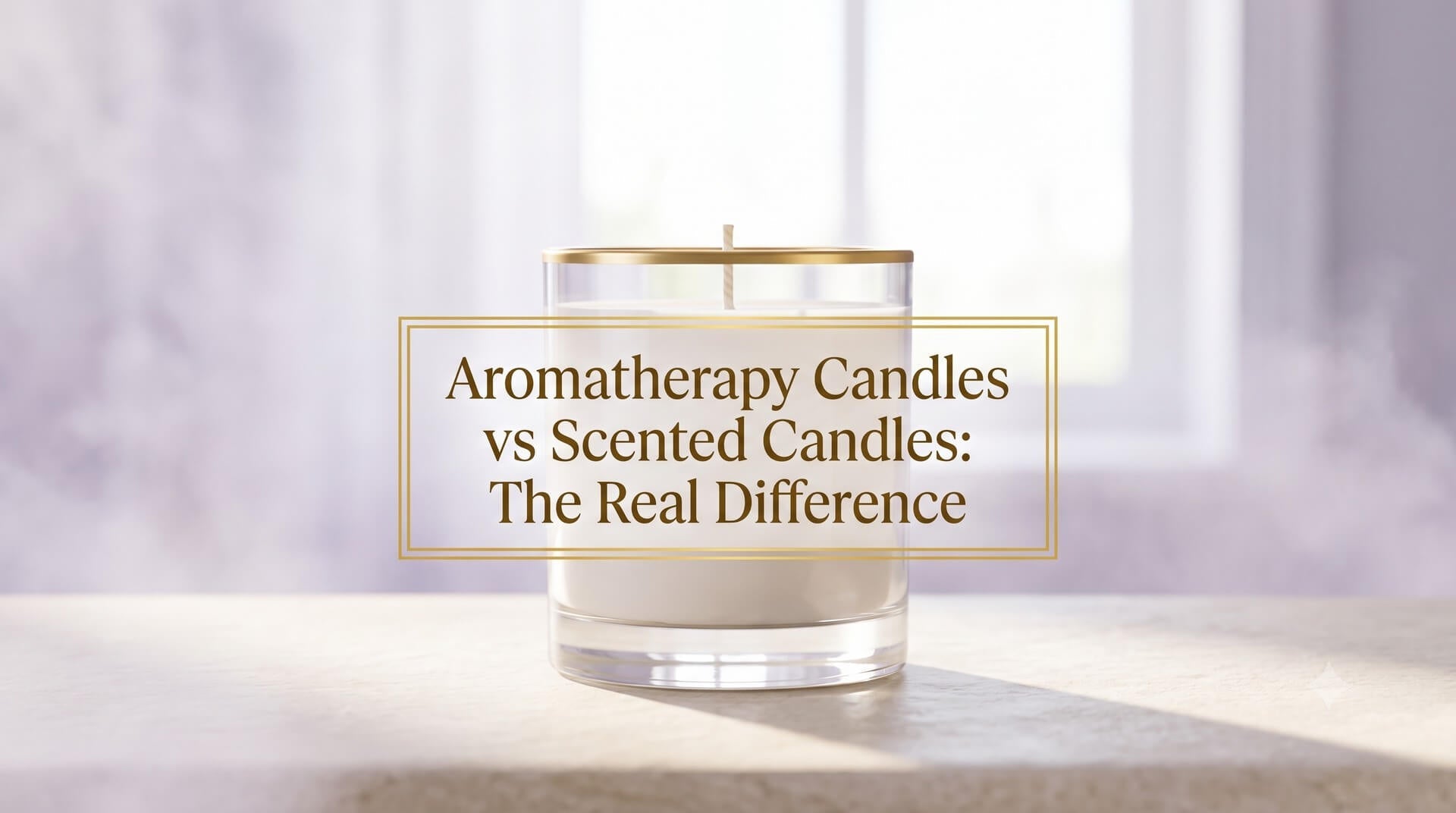 A white jar candle with a gold rim sitting on a marble ledge against a soft purple hazy background, with a gold-bordered text box reading "Aromatherapy Candles vs Scented Candles: The Real Difference".