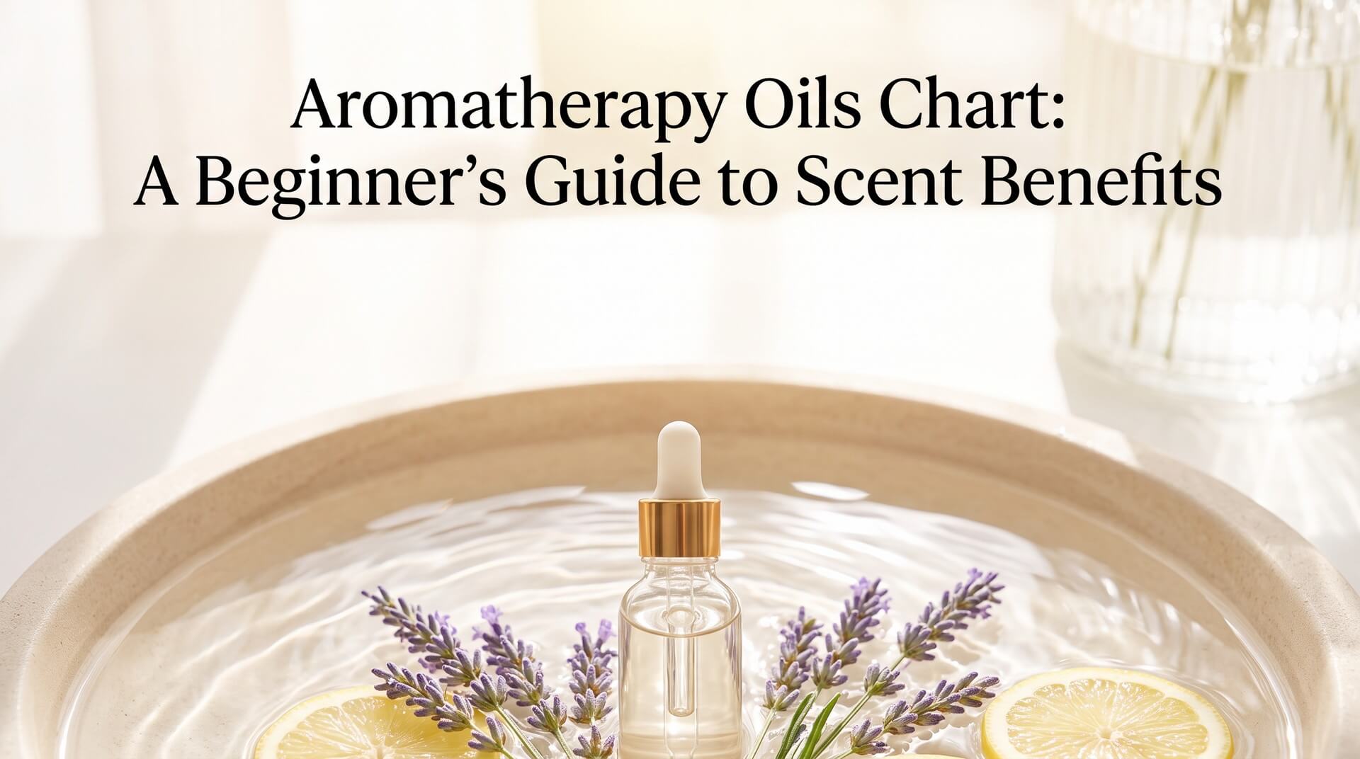 A dropper bottle of essential oil sits in a bowl of water surrounded by lavender sprigs and lemon slices.